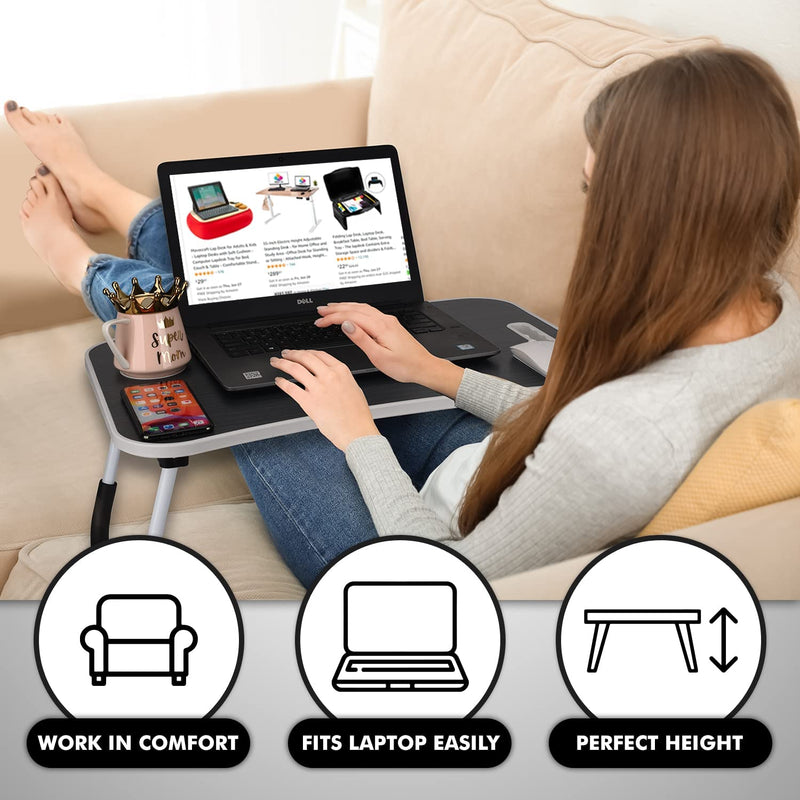 Folding Lap Desk for Bed and Sofa - Portable Wide Surface Bed Desk with Built-in Cup Holder and Tablet or Phone Slot for Working, Studying, Eating, and Watching Movies
