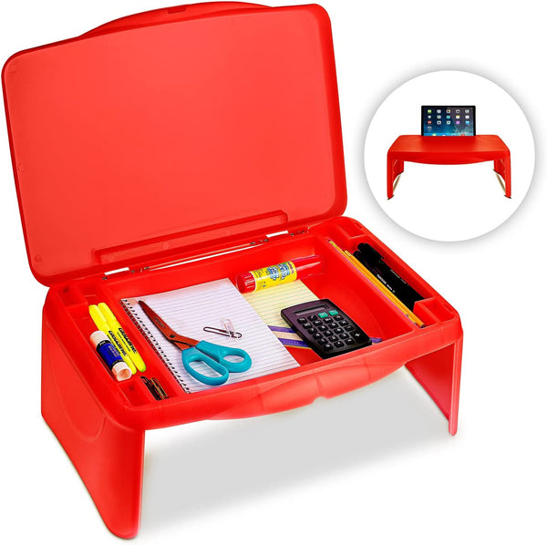 Folding Lap Desk, Laptop Desk, Breakfast Table, Bed Table, Serving Tray - The lapdesk Contains Extra Storage Space and dividers & Folds Very Easy, Great for Kids, Adults, Boys, Girls, (RED)